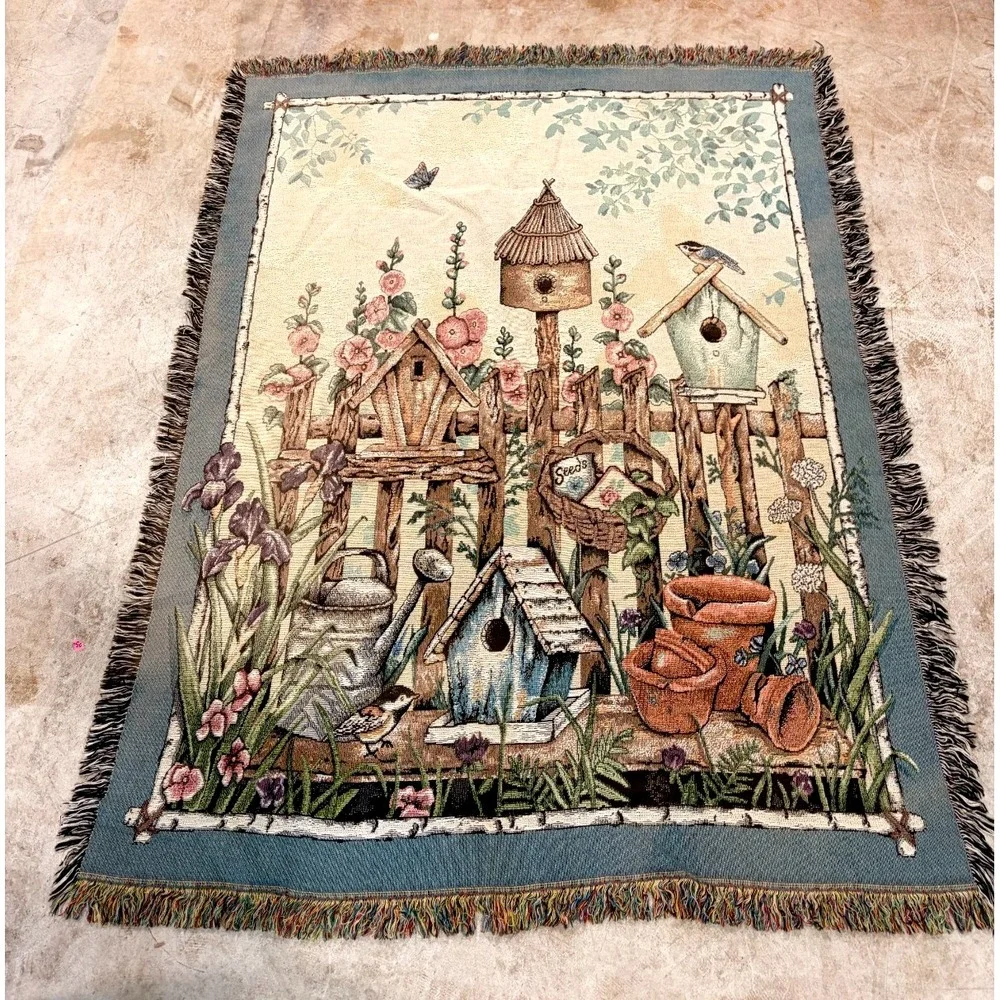 Vintage Birdhouse Garden Woven Throw Blanket Tapestry Afghan 53x69 Cotton USA